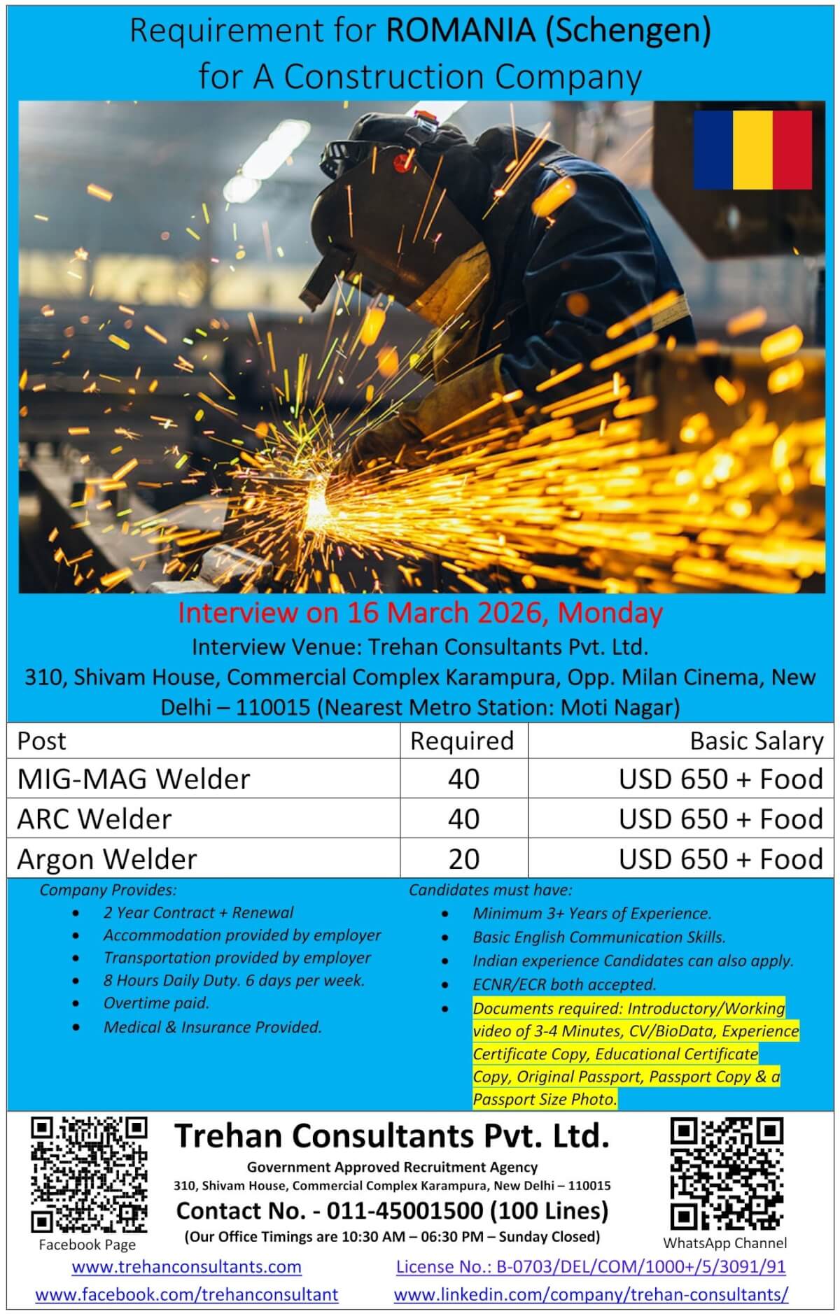 Welders required for ROMANIA (Schengen) for A Construction Company - Interview Date 16 March 2026