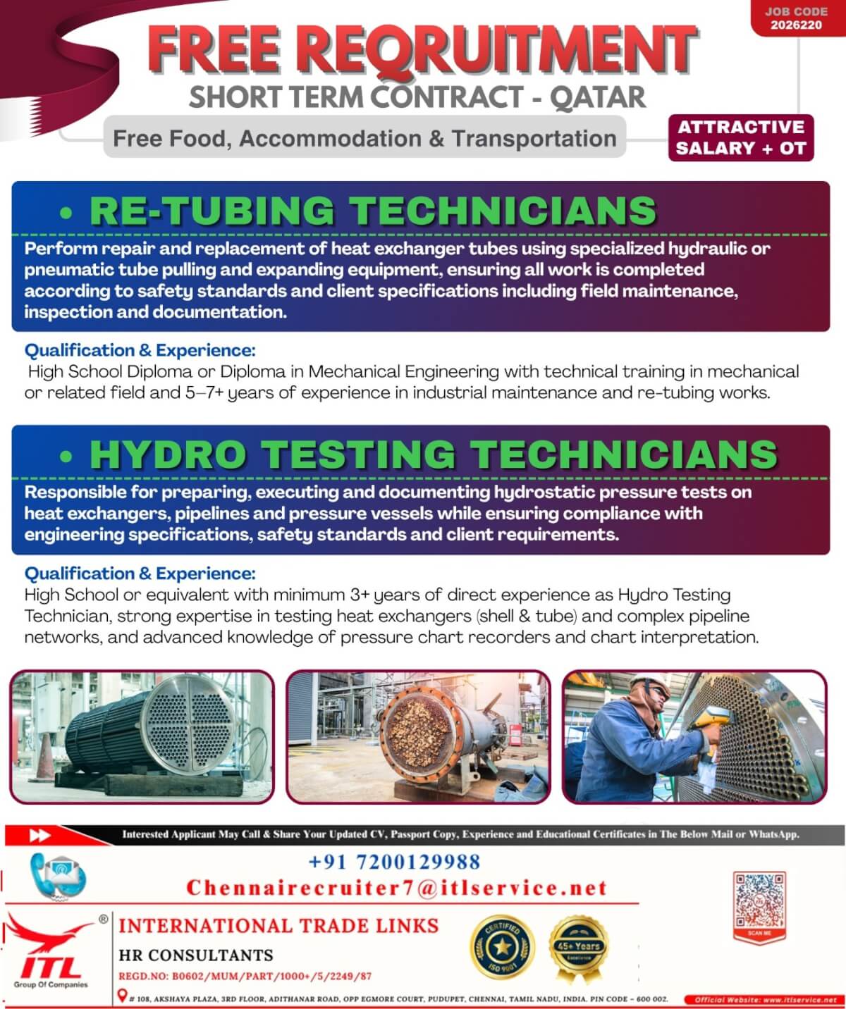 Job opening for QATAR (HYDRO TESTING TECH / RE TUBING TECH)