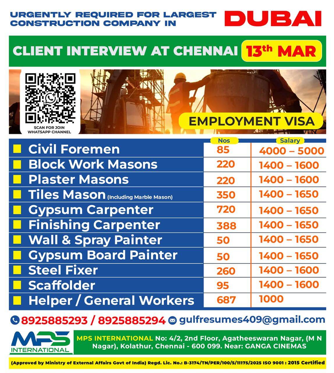 URGENTLY REQUIRED FOR LARGEST CONSTRUCTION COMPANY IN DUBAI  CLIENT INTERVIEW AT CHENNAI – 13.03.2026
