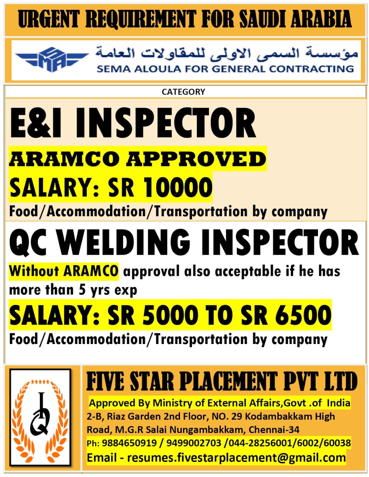 URGENT REQUIREMENT FOR  SAUDI ARABIA