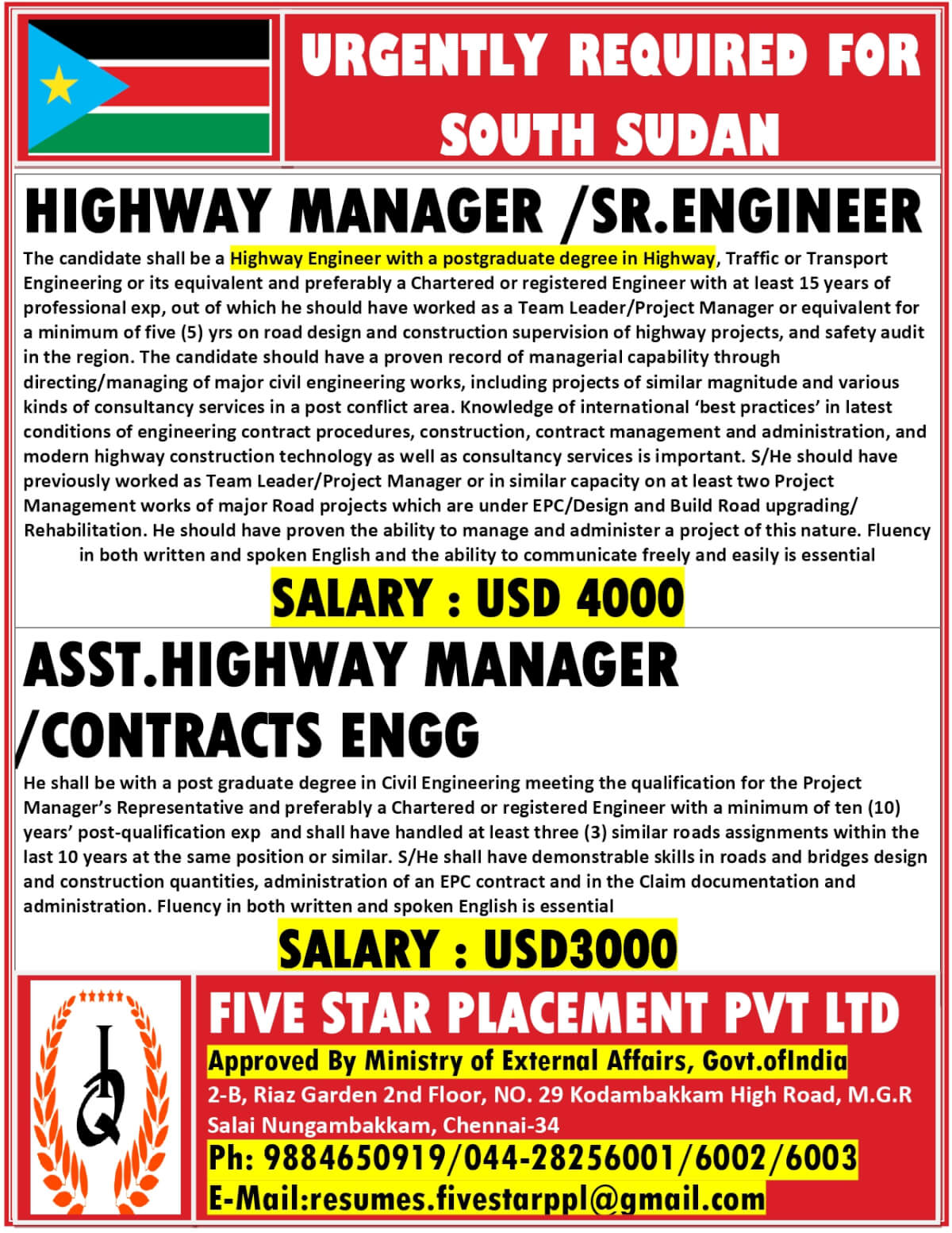 URGENT REQUIREMENT FOR  SOUTH SUDAN