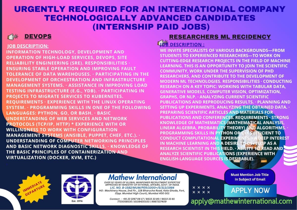 7 - URGENTLY REQUIRED FOR AN INTERNATIONAL COMPANY - TECHNOLOGICALLY ADVANCED CANDIDATES (internship paid jobs) Position: