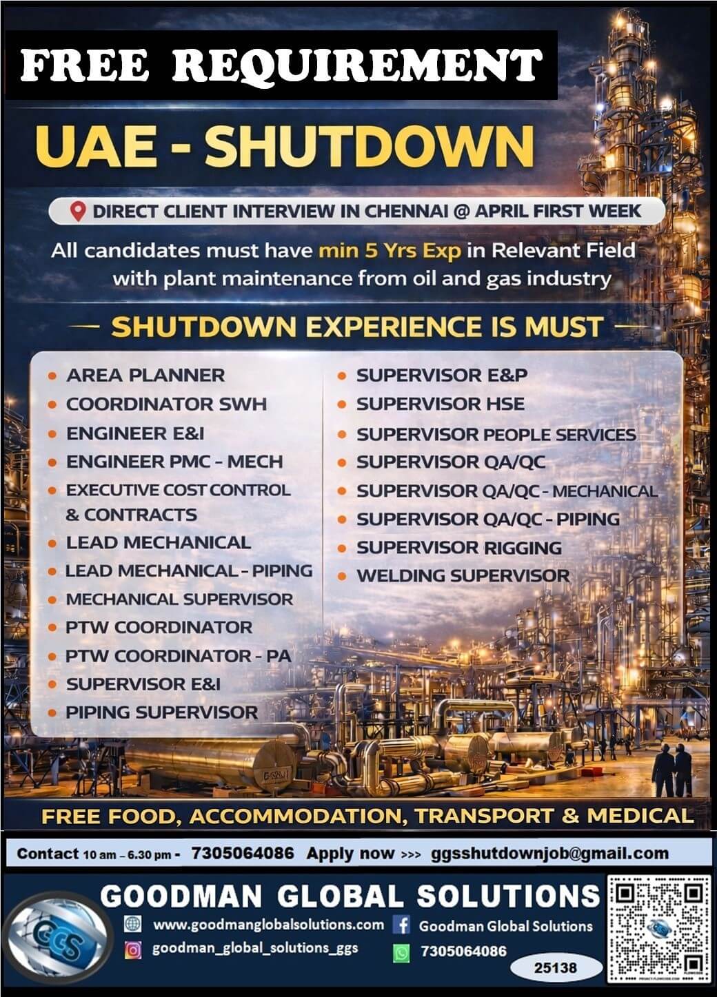 FREE REQUIREMENT - UAE - OIL & GAS  (SHUTDOWN PROJECT)  DIRECT CLIENT INTERVIEW  IN CHENNAI @APRIL 1ST WEEK