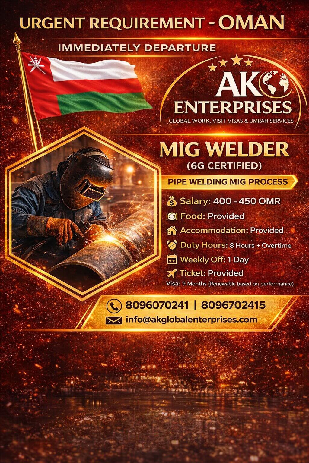 Urgent Requirement – Oman  Immediately departure -MIG Welder (6G Certified) Pipe welding MIG process
