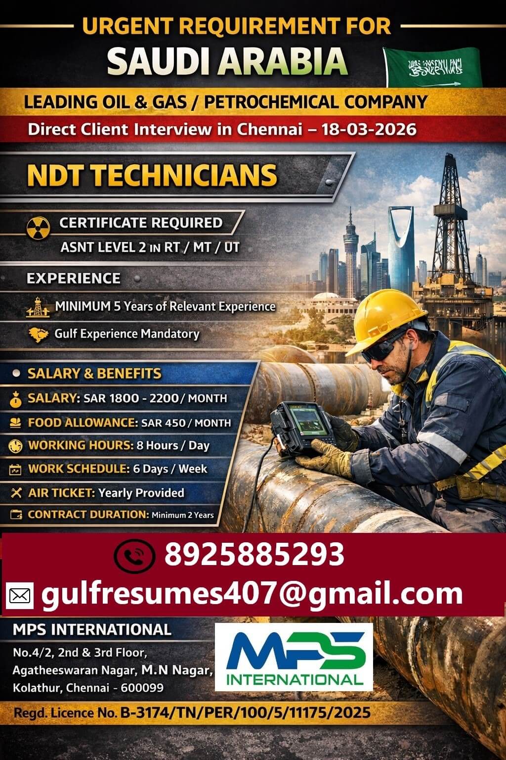 URGENT REQUIREMENT FOR SAUDI ARABIA LEADING OIL & GAS / PETROCHEMICAL COMPANY Direct Client Interview in Chennai – 18-03-2026
