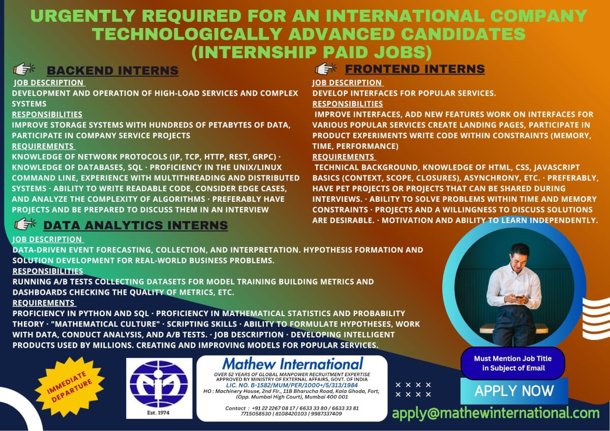 1 - URGENTLY REQUIRED FOR AN INTERNATIONAL COMPANY - TECHNOLOGICALLY ADVANCED CANDIDATES (internship paid jobs)
