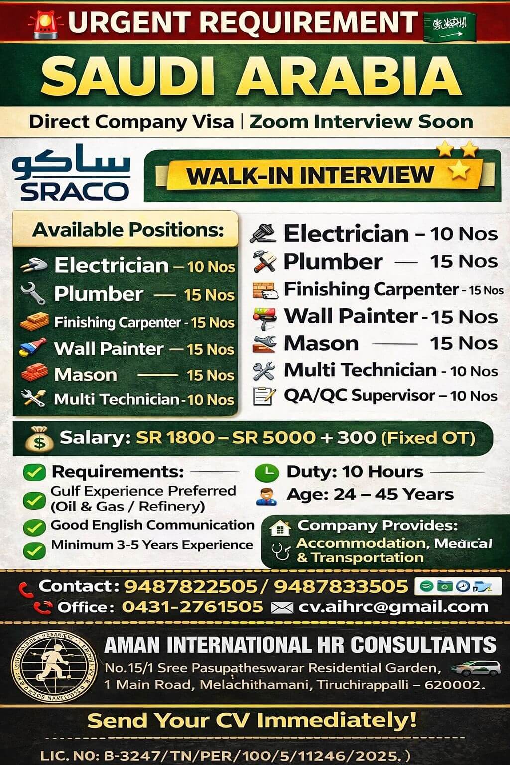 Hiring for SRACO Company-SAUDI ARABIA