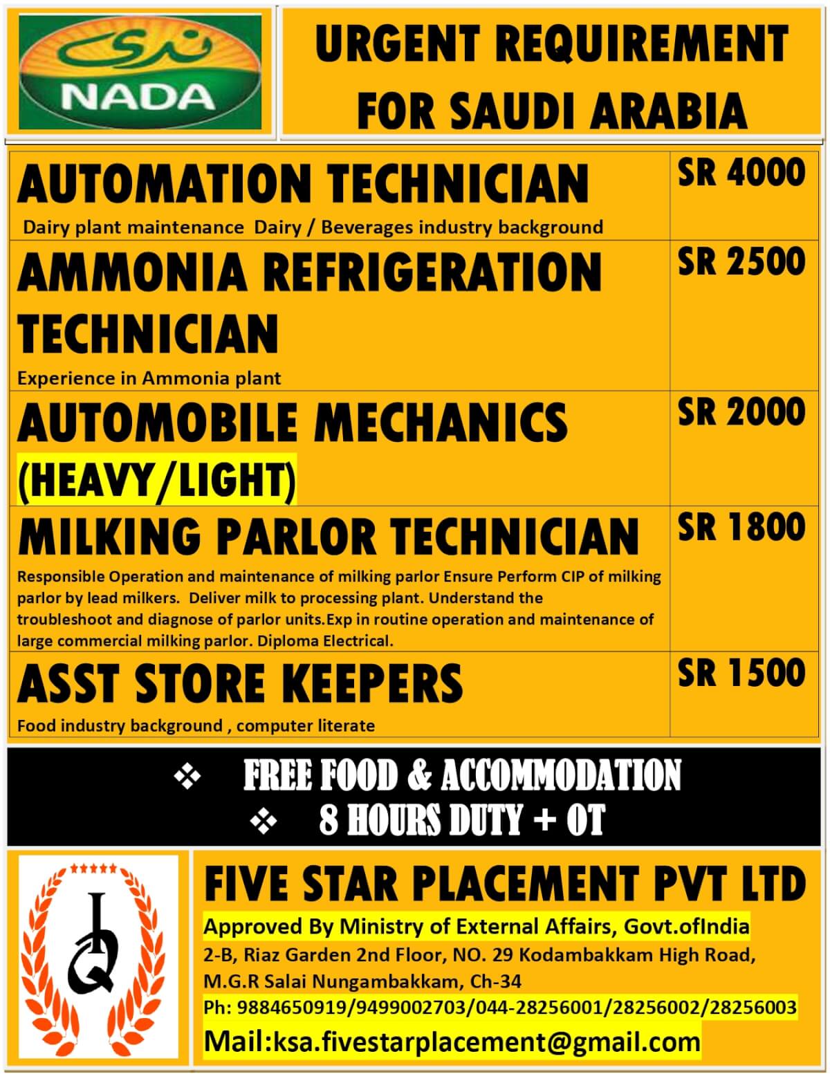 URGENT REQUIREMENT FOR  SAUDI ARABIA