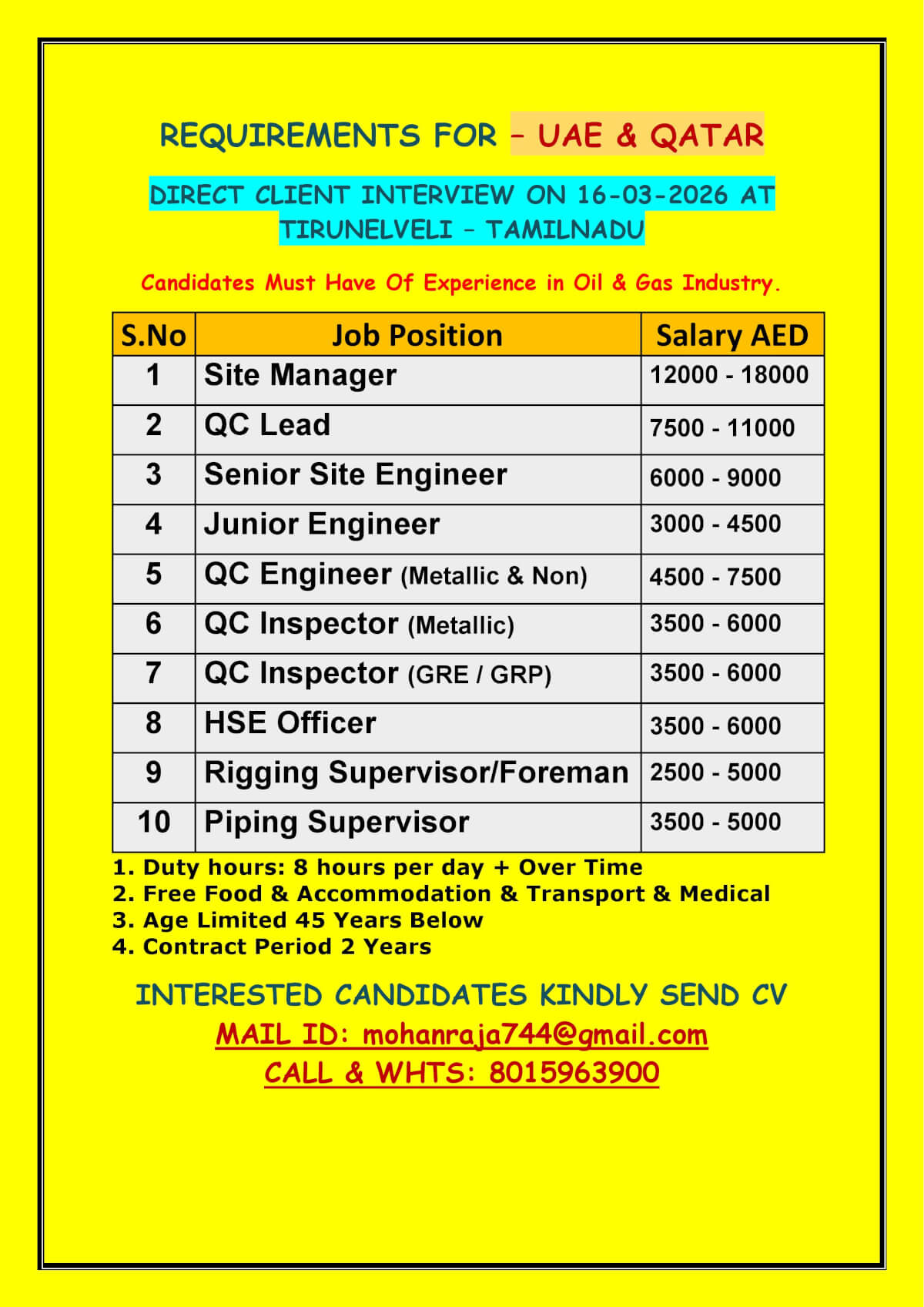 REQUIREMENTS FOR UAE & QATAR   DIRECT CLIENT INTERVIEW ON 16-03-2026 (MONDAY) AT TIRUNELVELI – TAMILNADU