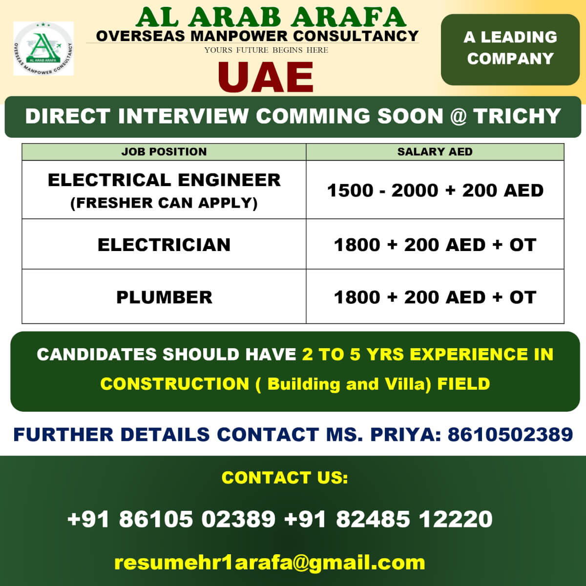 DIRECT INTERVIEW COMING SOON @ TRICHY