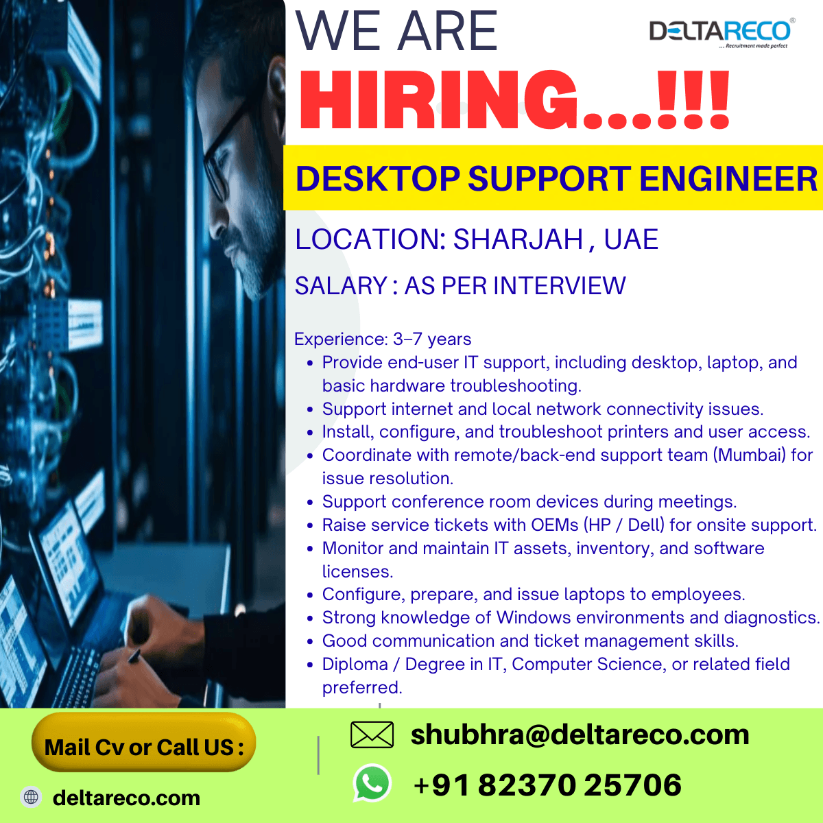 Hiring Desktop Support engineer for UAE L&T company