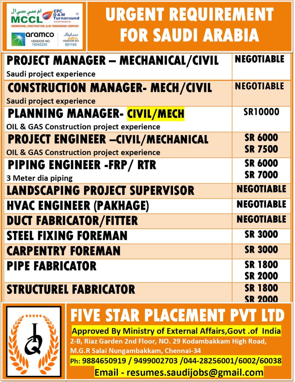 URGENT REQUIREMENT FOR  SAUDI ARABIA