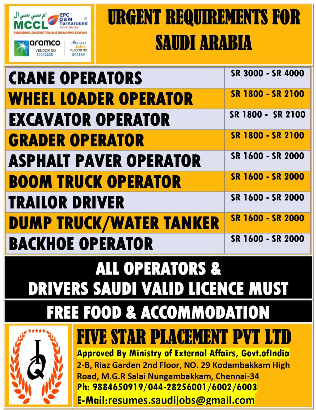 URGENT REQUIREMENT FOR  SAUDI ARABIA