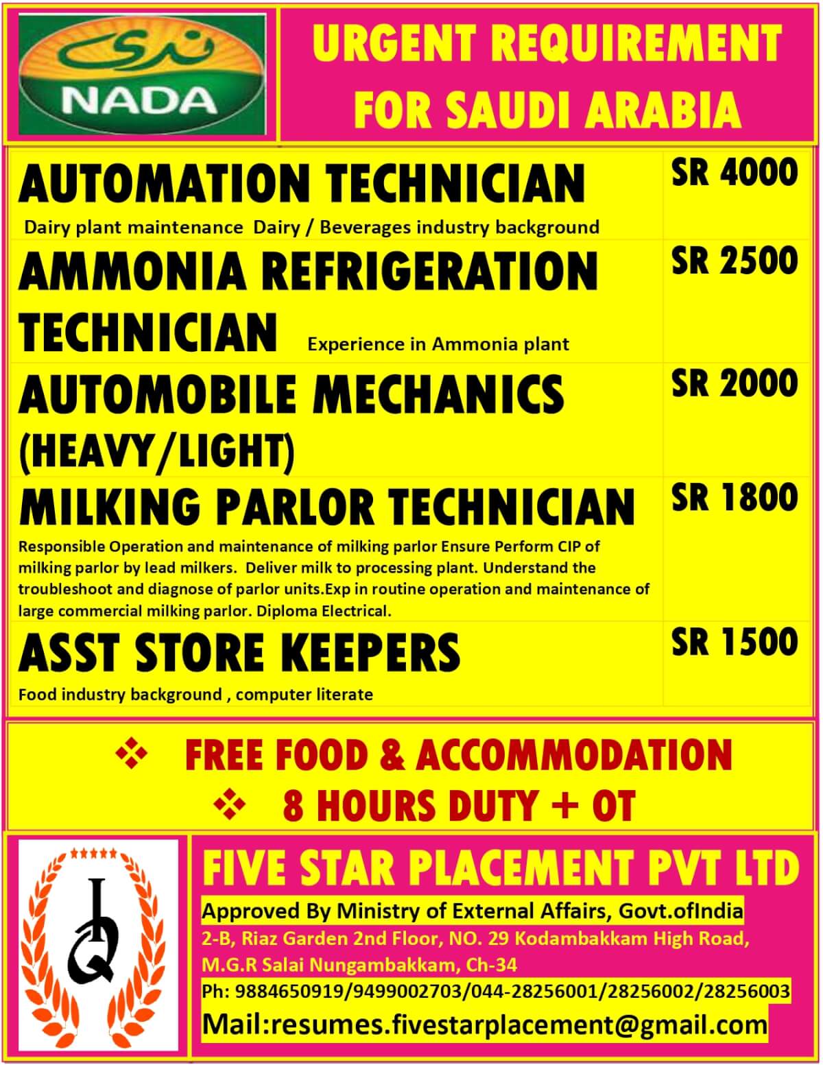 URGENT REQUIREMENT FOR  SAUDI ARABIA