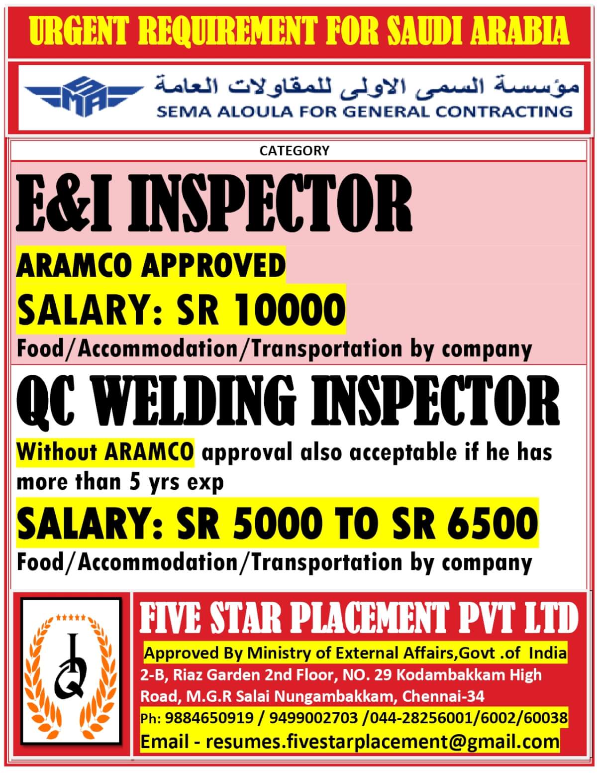 URGENT REQUIREMENT FOR  SAUDI ARABIA