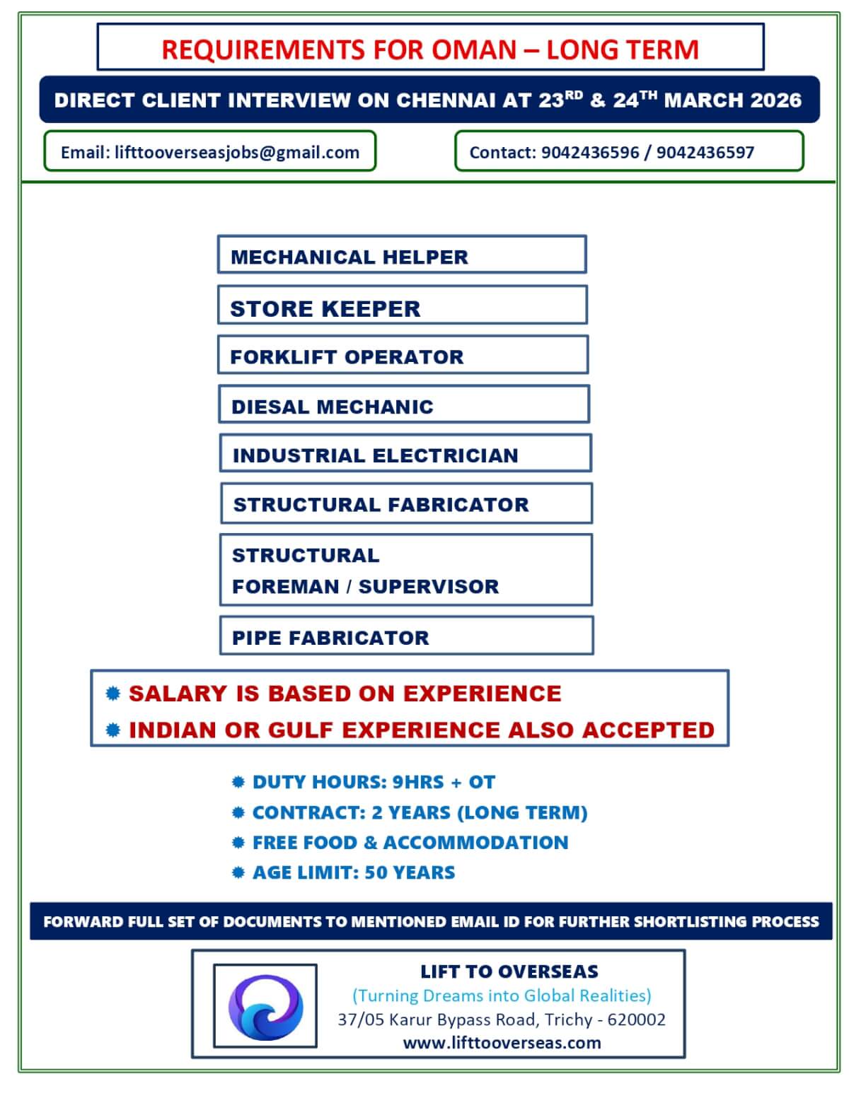 Mechanical Helper, Store Keeper, Forklift Operator, Diesal Mechanic, Industrial Electrician, Structural Fabricator, Structural Foreman / Supervisor, Pipe Fabricator Mechanical Helper, Store Keeper, Forklift Operator, Diesal Mechanic, Industrial Electrician, Structural Fabricator, Structural Foreman / Supervisor, Pipe Fabricator