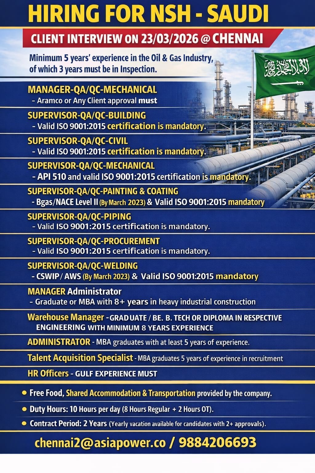 CLIENT INTERVIEW @ CHENNAI ON 23/03/2026 (QC Inspector & Supervisors)- KSA CLIENT INTERVIEW @ CHENNAI ON 23/03/2026 (QC Inspector & Supervisors)- KSA