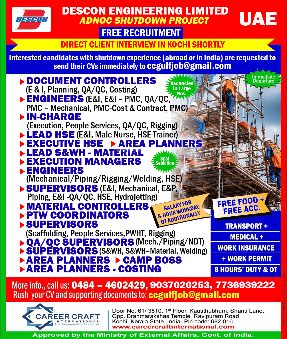 Client Interview at Kochi for Descon Engineering LLC, UAE (Shutdown Project Client Interview at Kochi for Descon Engineering LLC, UAE (Shutdown Project