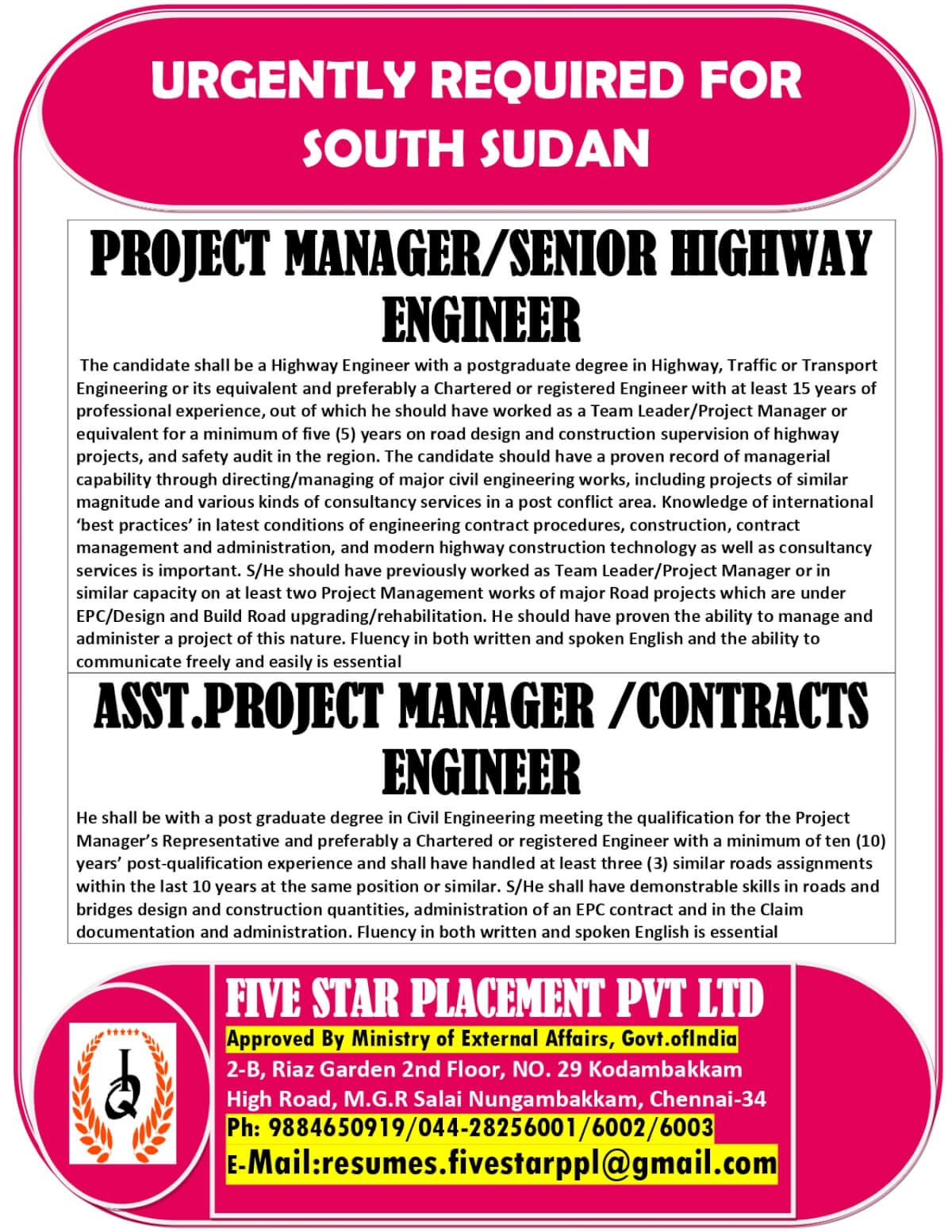 URGENT REQUIREMENT FOR SOUTH SUDAN