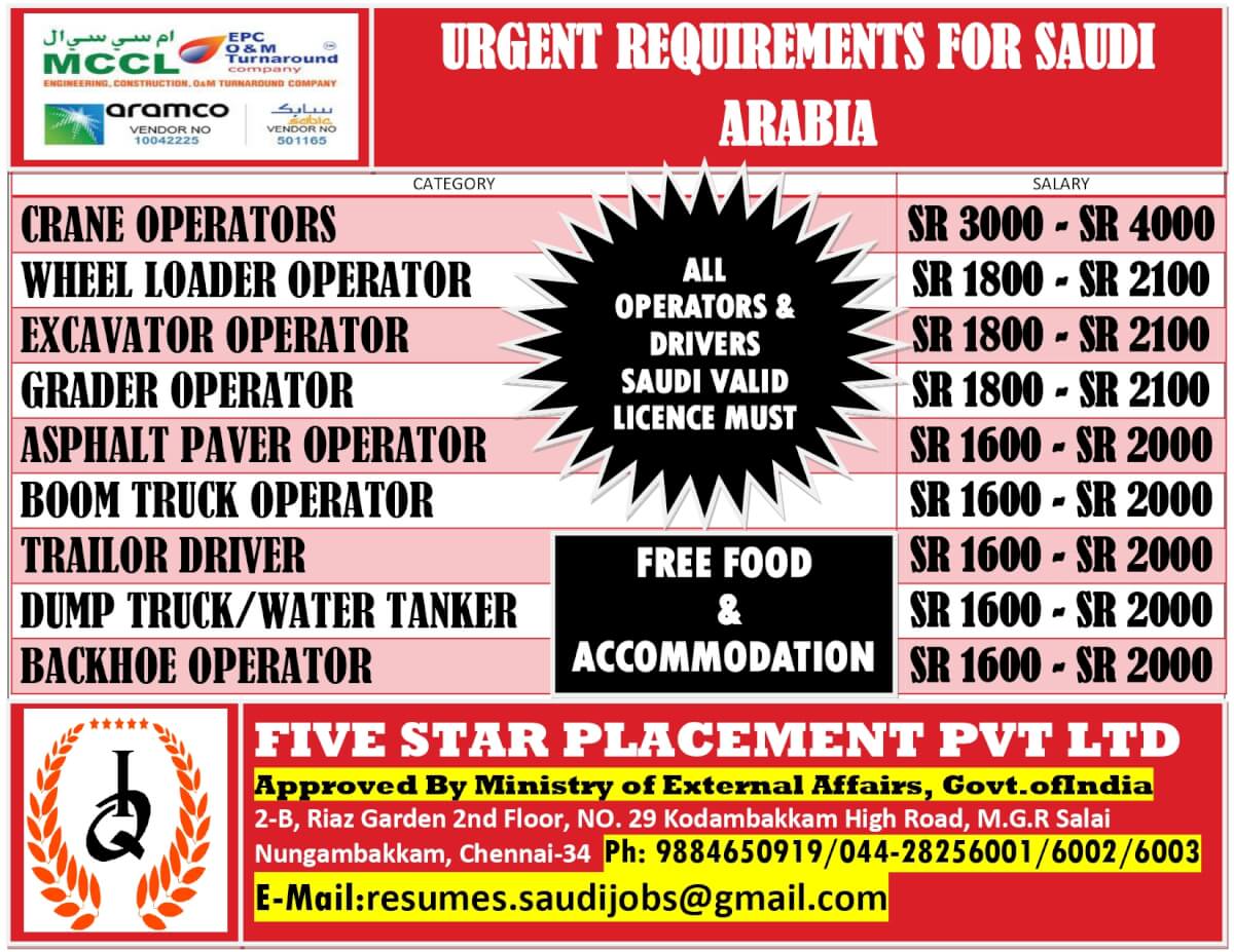 URGENT REQUIREMENT FOR SAUDI ARABIA