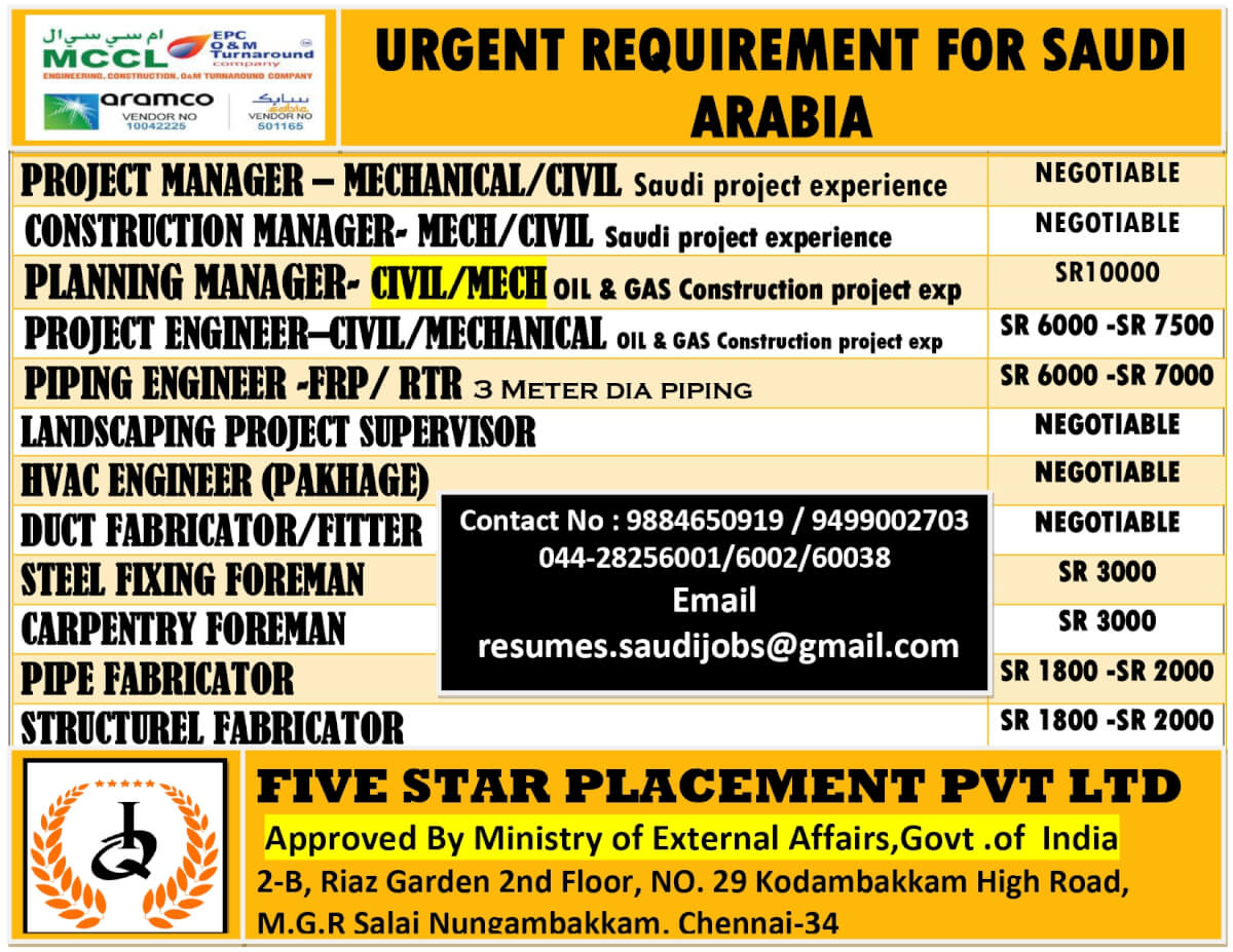 URGENT REQUIREMENT FOR SAUDI ARABIA