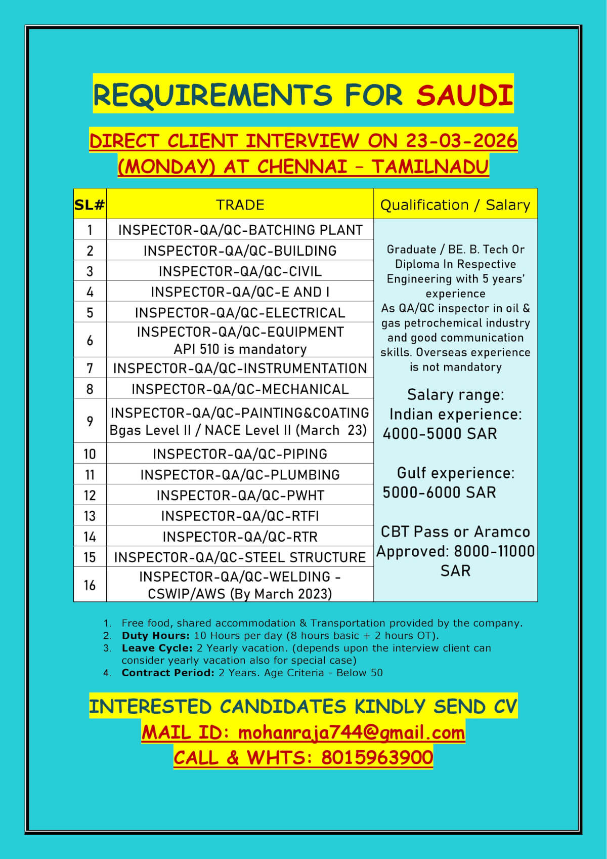 REQUIREMENTS FOR SAUDI DIRECT CLIENT INTERVIEW ON 23-03-2026 (MONDAY) AT CHENNAI – TAMILNADU REQUIREMENTS FOR SAUDI DIRECT CLIENT INTERVIEW ON 23-03-2026 (MONDAY) AT CHENNAI – TAMILNADU