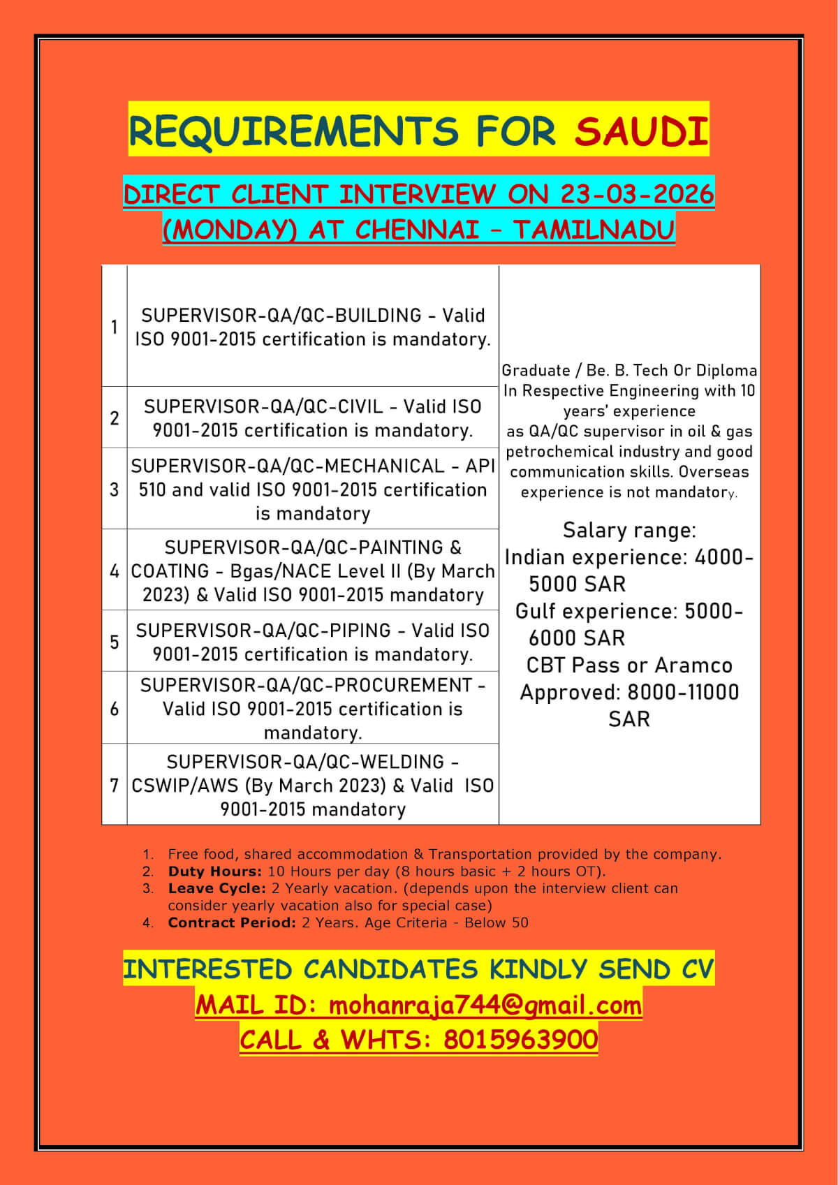 REQUIREMENTS FOR SAUDI - DIRECT CLIENT INTERVIEW ON 23-03-2026 (MONDAY) AT CHENNAI – TAMILNADU REQUIREMENTS FOR SAUDI - DIRECT CLIENT INTERVIEW ON 23-03-2026 (MONDAY) AT CHENNAI – TAMILNADU