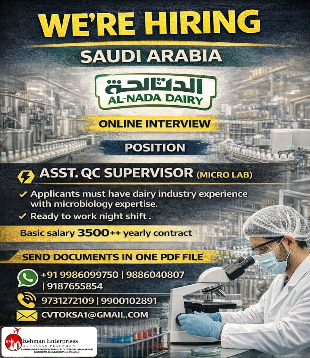HIRING FOR AL NADA DAIRY SAUDI ARABIA