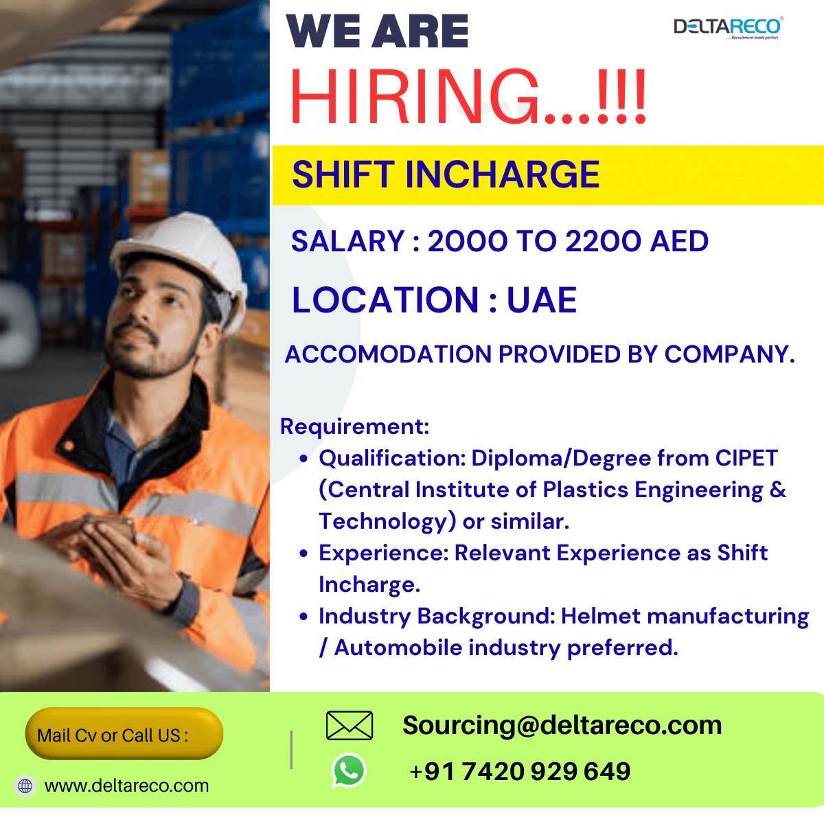 Hiring Shift incharge for UAE Hiring Shift incharge for UAE