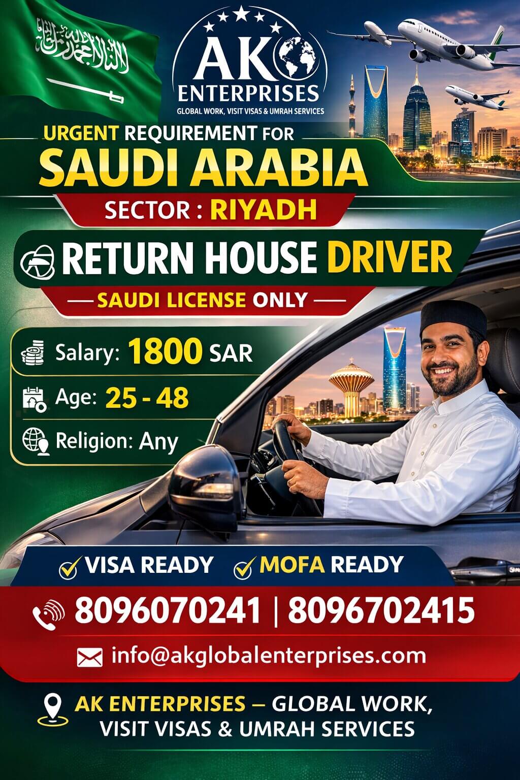 Urgent Requirement for Saudi Arabia – Return House Driver (Riyadh)