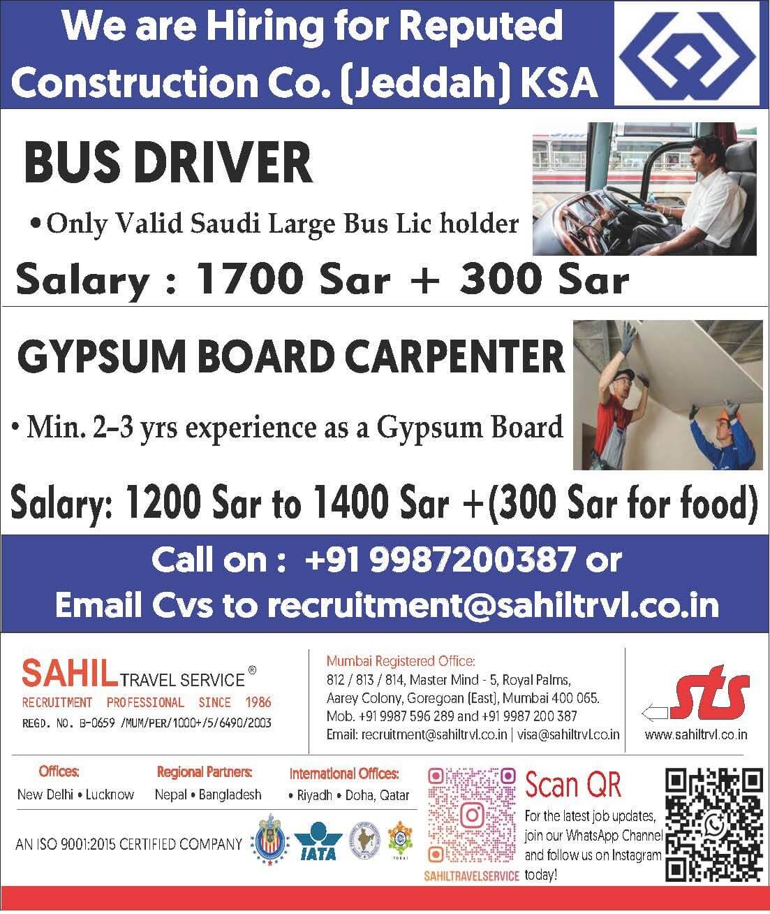 Hiring for Saudi – Reputed Construction company in Dammam, Saudi