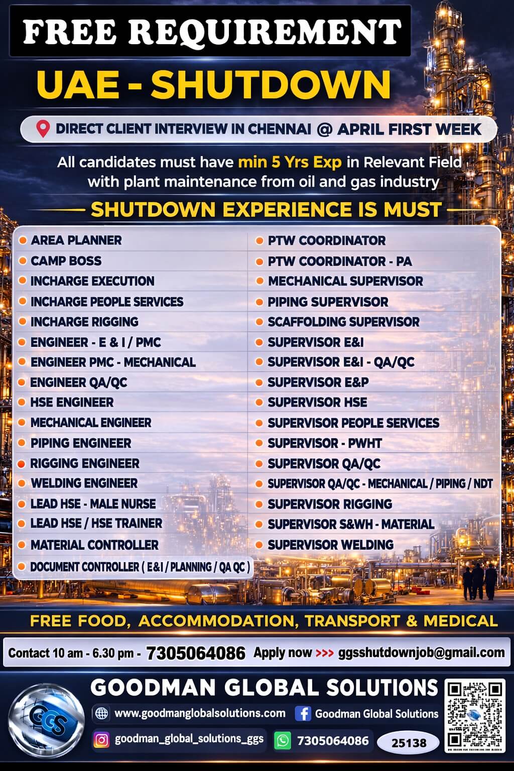 FREE REQUIREMENT - UAE - OIL & GAS  (SHUTDOWN PROJECT)  DIRECT CLIENT INTERVIEW  IN CHENNAI @11/04/2026