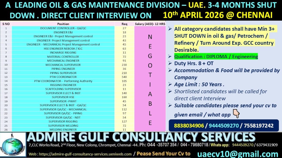 A LEADING OIL & GAS COMPANY - UAE . 3 -4 MONTHS SHUT DOWN CLIENT INTERVIEW ON 10th APRIL 2026 @ CHENNAI A LEADING OIL & GAS COMPANY - UAE . 3 -4 MONTHS SHUT DOWN CLIENT INTERVIEW ON 10th APRIL 2026 @ CHENNAI