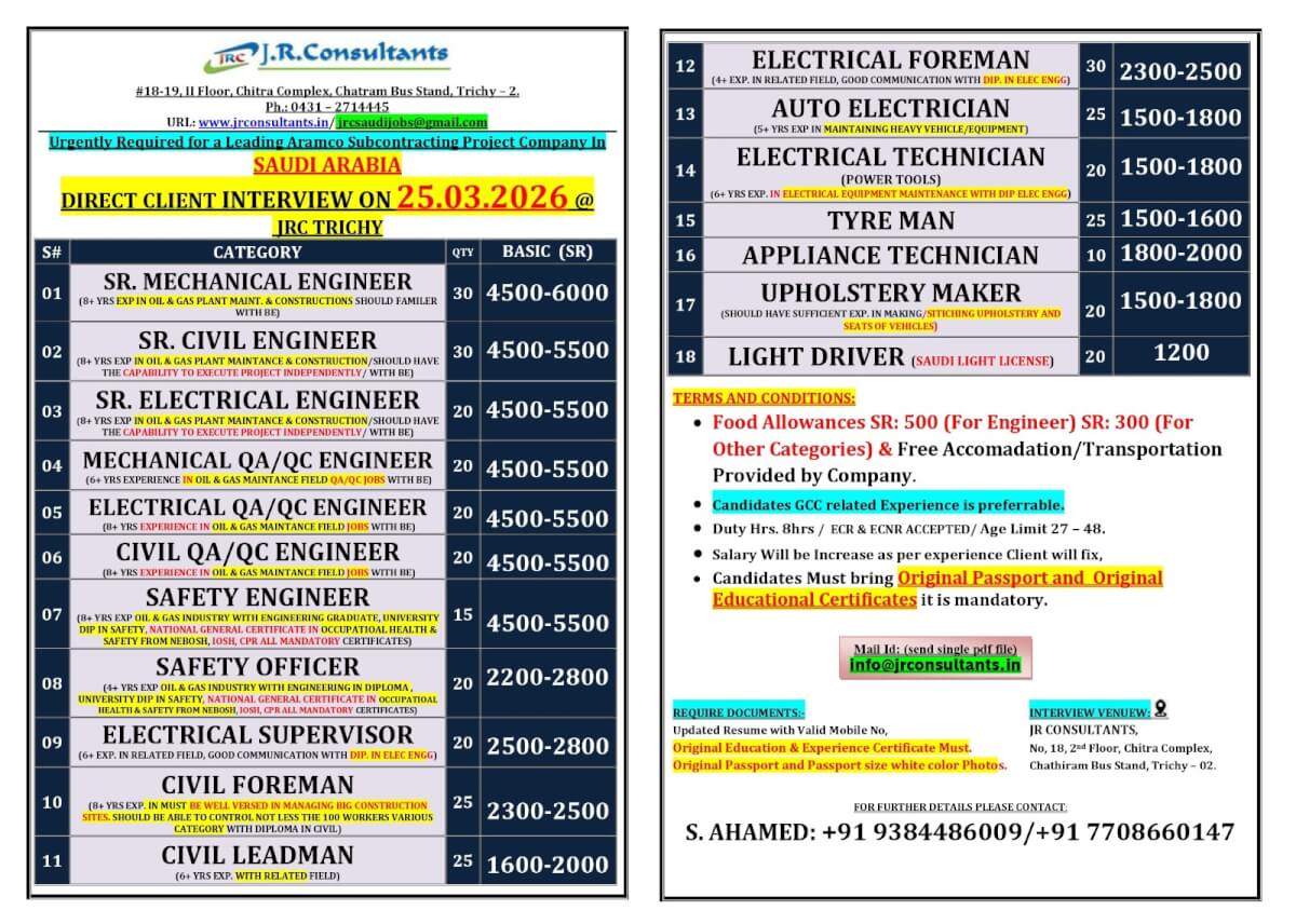 URGENTLY REQUIRED FOR A LEADING ARAMCO SUBCONTRACTING PROJECT COMPANY IN SAUDI ARABIA DIRECT CLIENT INTERVIEW ON 25.03.2026 @ JRC TRICHY URGENTLY REQUIRED FOR A LEADING ARAMCO SUBCONTRACTING PROJECT COMPANY IN SAUDI ARABIA DIRECT CLIENT INTERVIEW ON 25.03.2026 @ JRC TRICHY