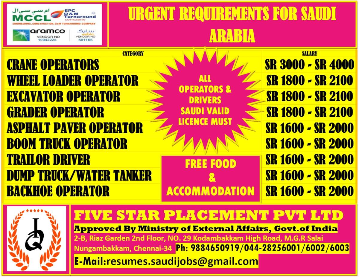 URGENT REQUIREMENT FOR  SAUDI ARABIA