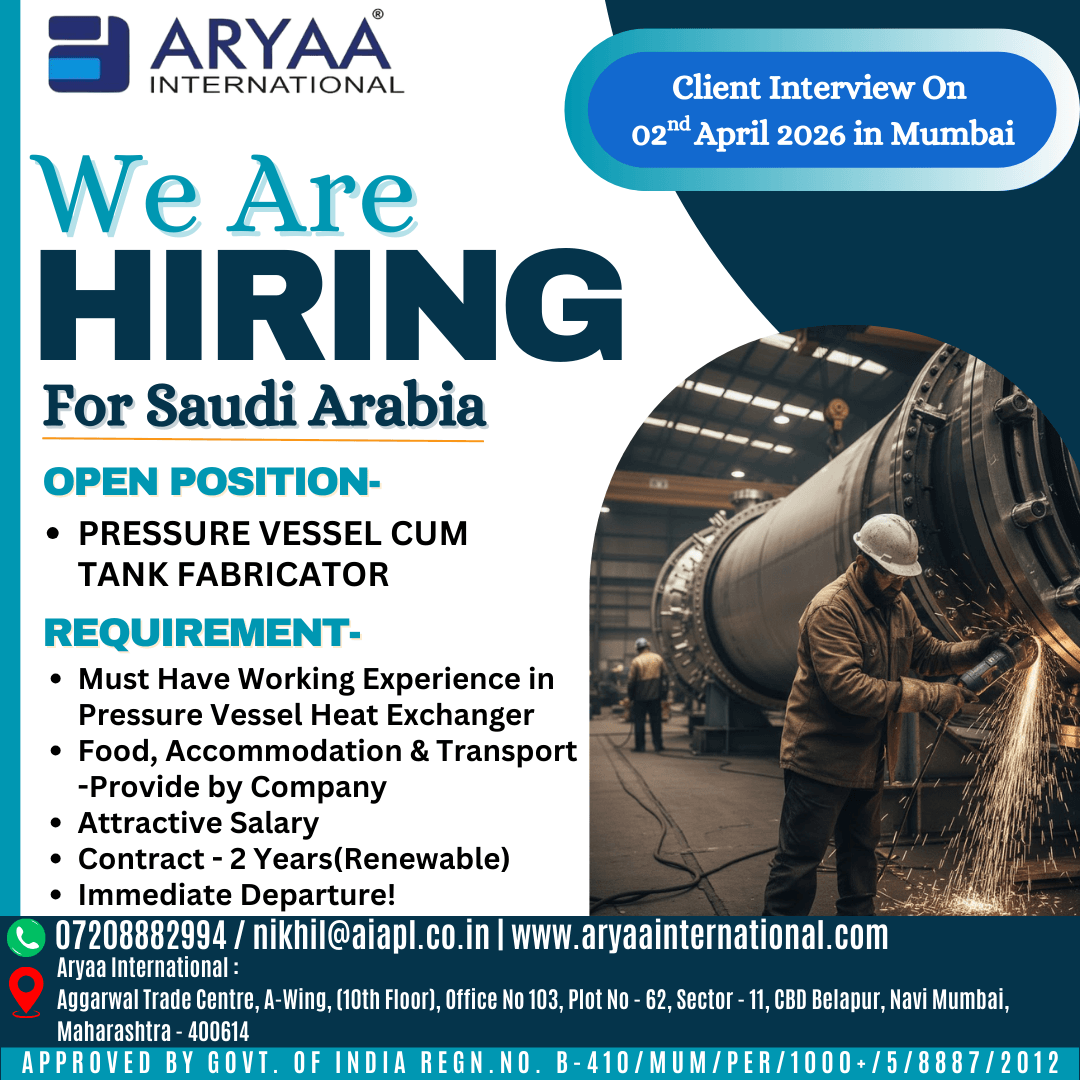 We are hiring Pressure Vessel Cum Tank Fabricators for a reputed company in Saudi Arabia.