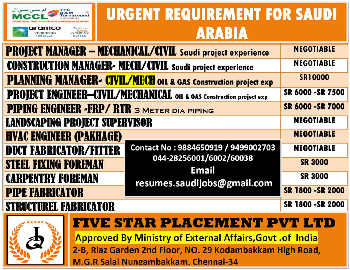 URGENT REQUIREMENT FOR  SAUDI ARABIA