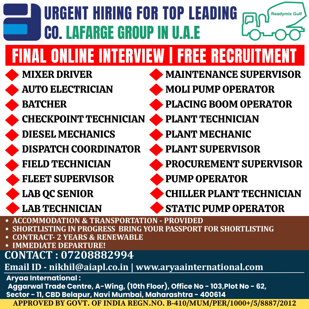 We are hiring experienced candidates for Ready Mix Concrete & Plant Operations.