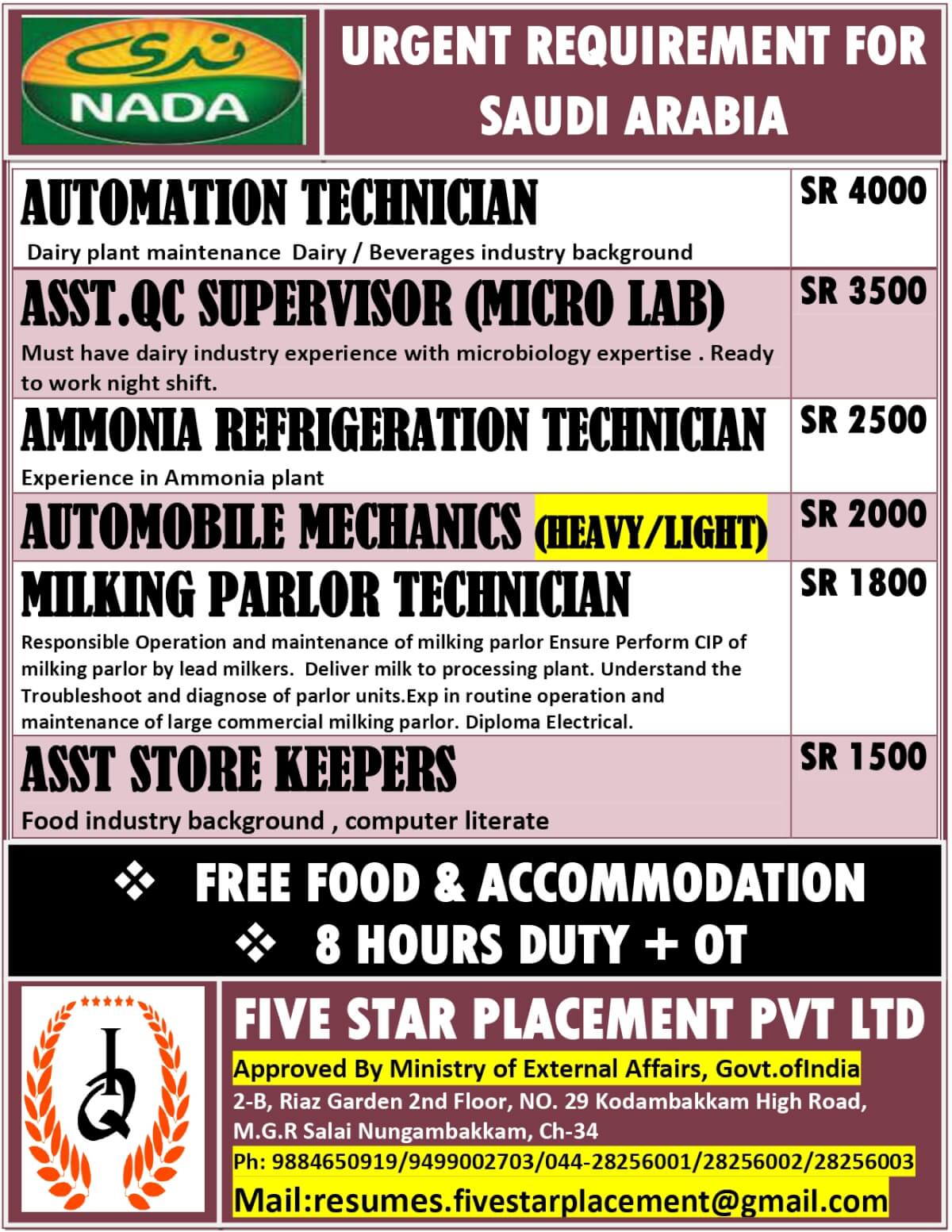 URGENT REQUIREMENT FOR  SAUDI ARABIA