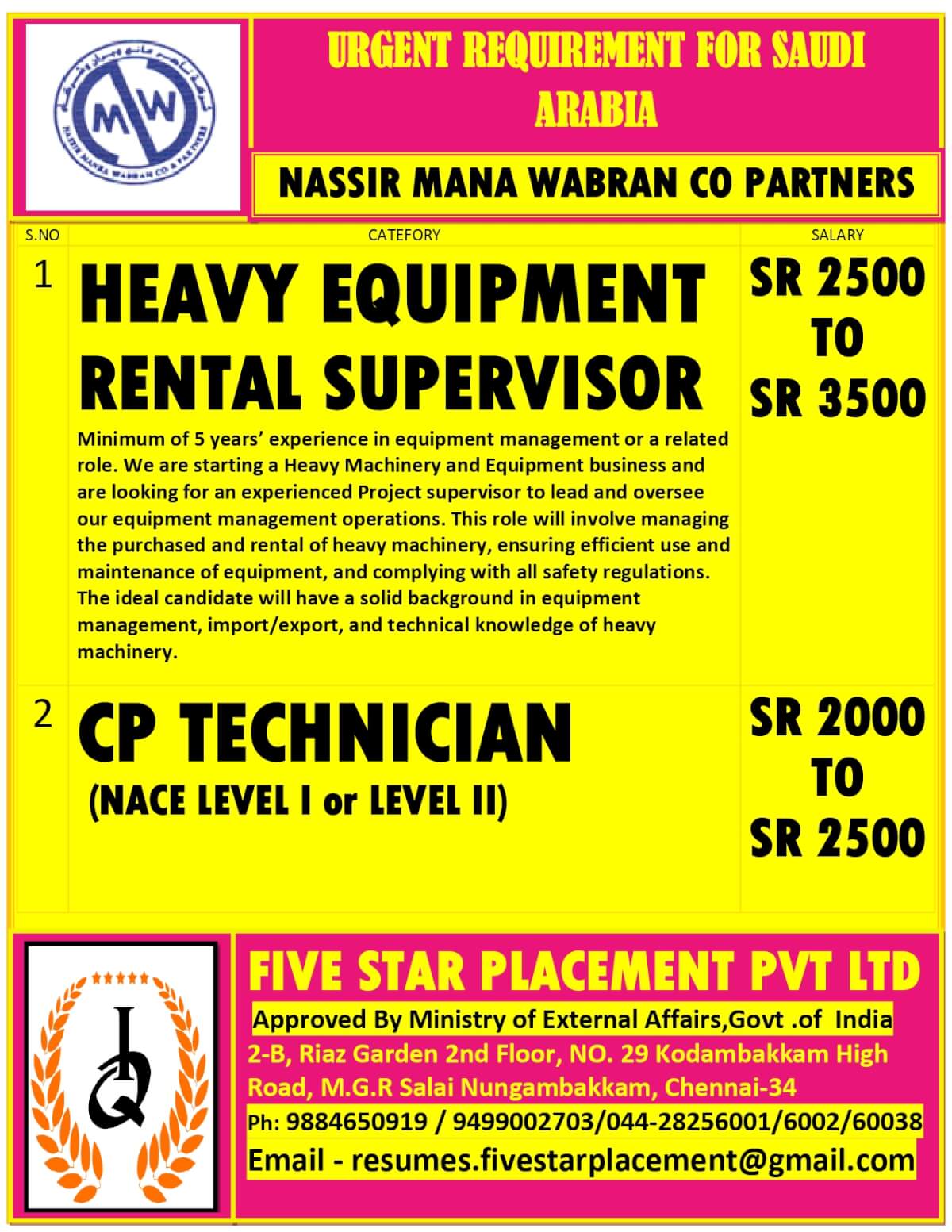 URGENT REQUIREMENT FOR  SAUDI ARABIA