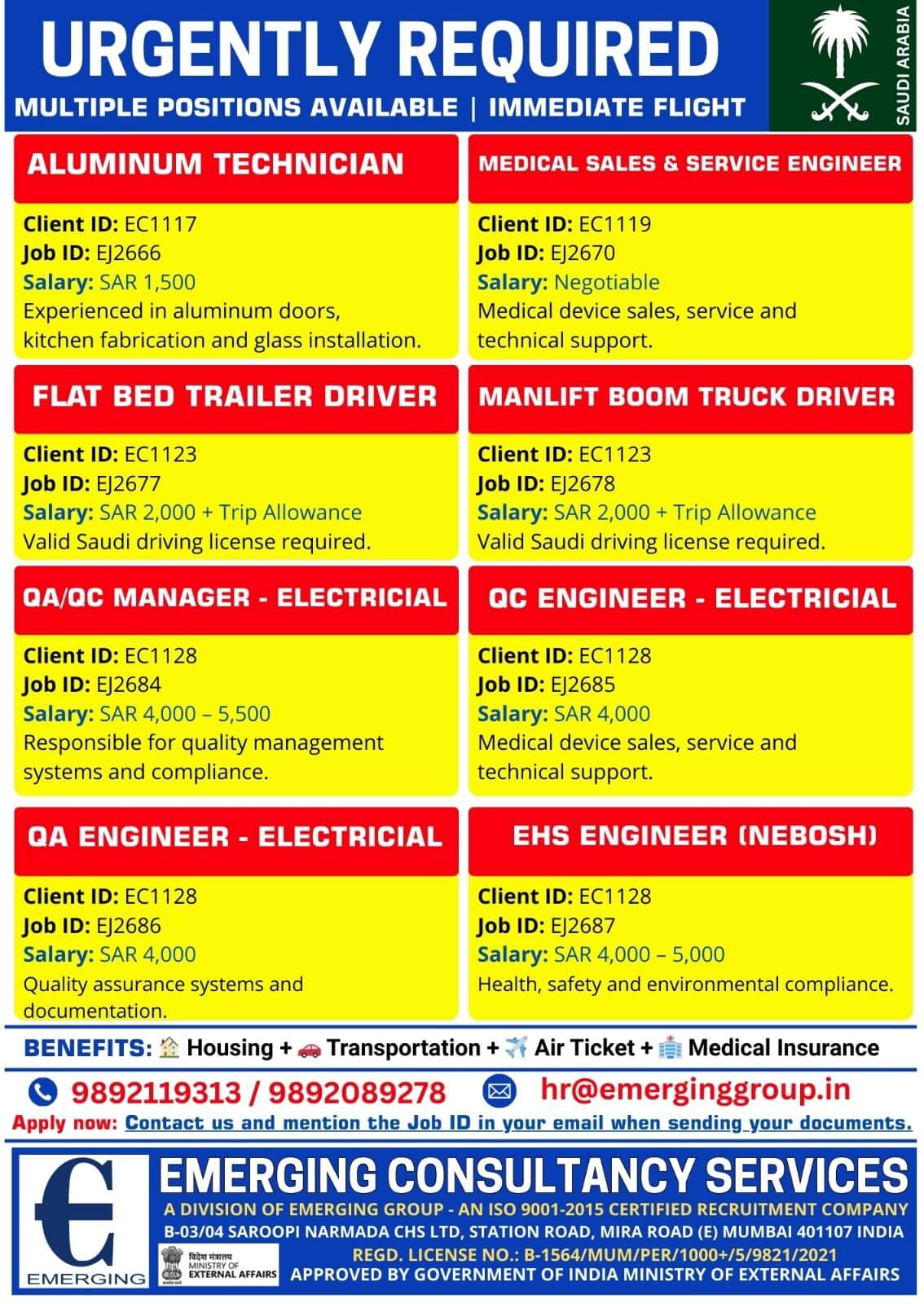 Urgently Required for Saudi Arabia | Multiple Positions | Immediate Flight