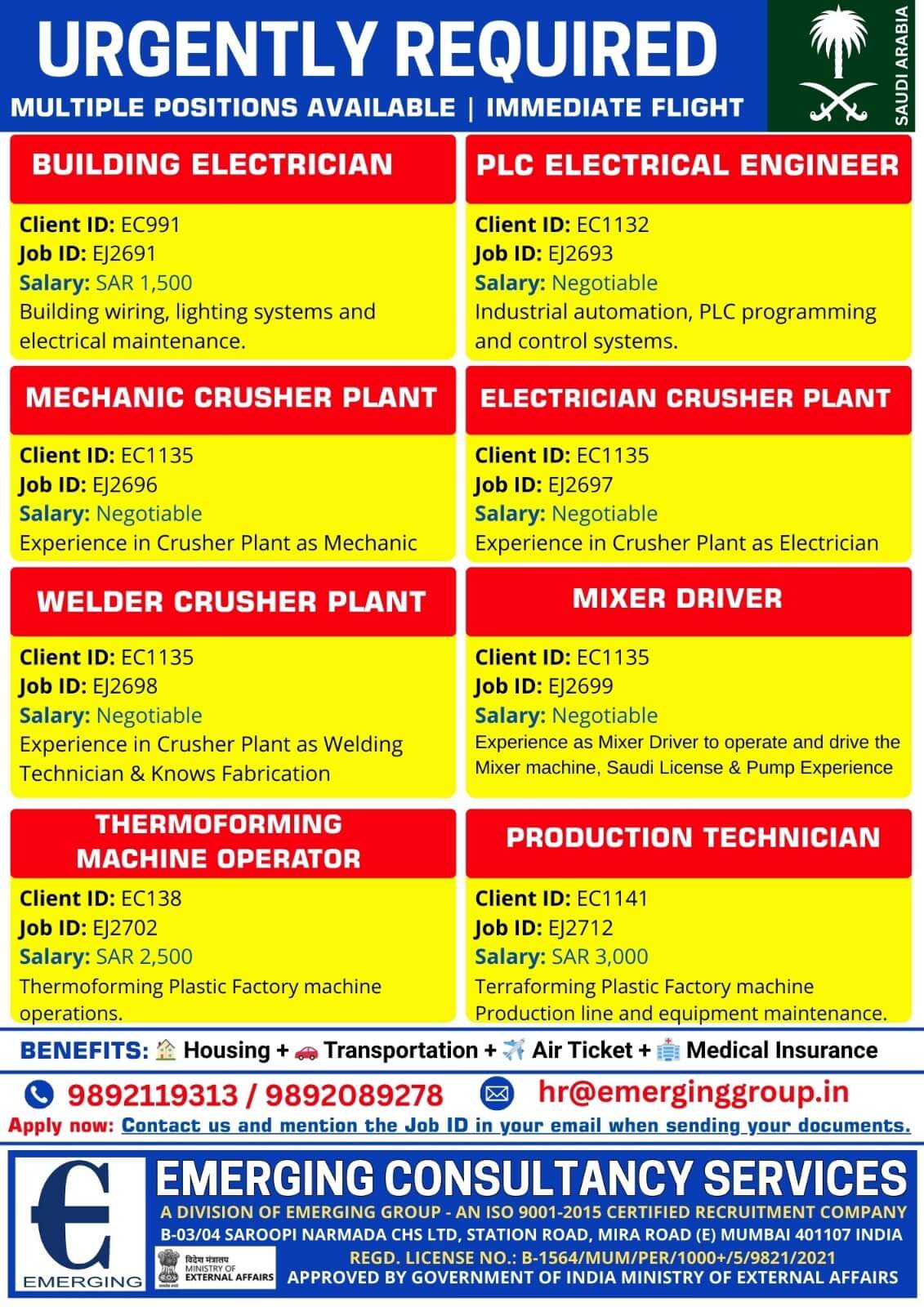 Urgently Required for Saudi Arabia | Multiple Positions | Immediate Flight