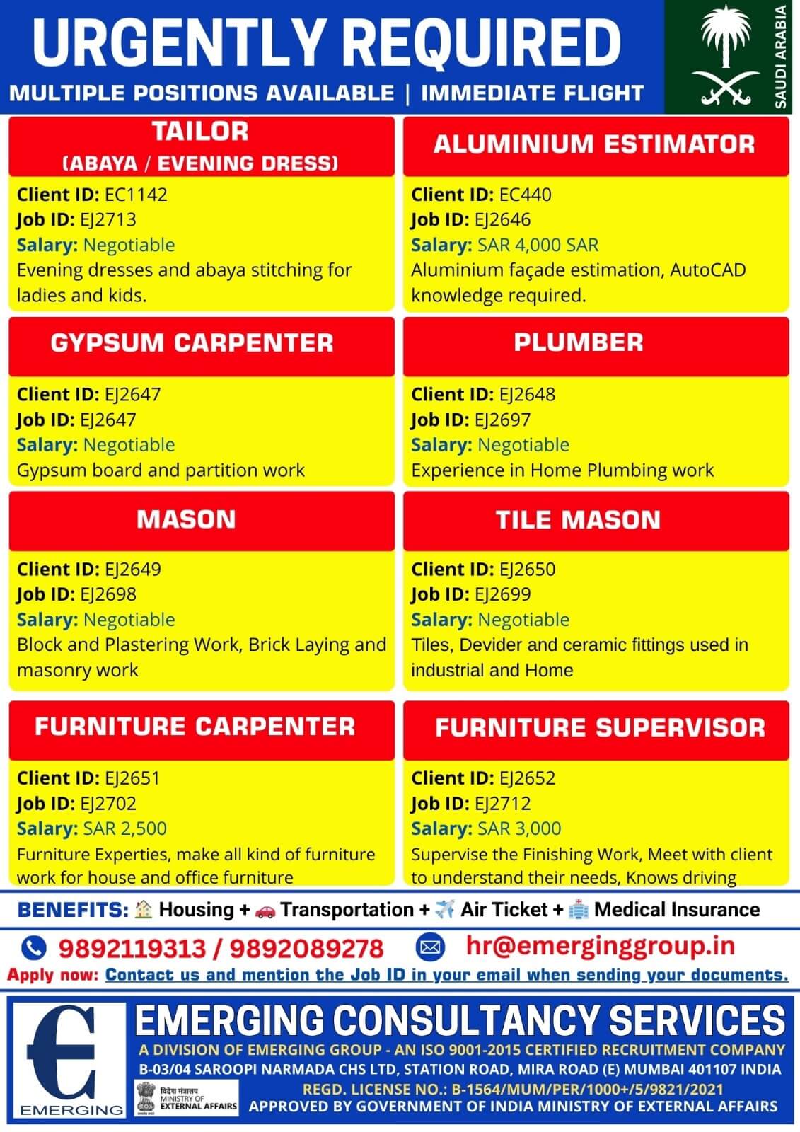 Urgently Required for Saudi Arabia | Multiple Positions | Immediate Flight