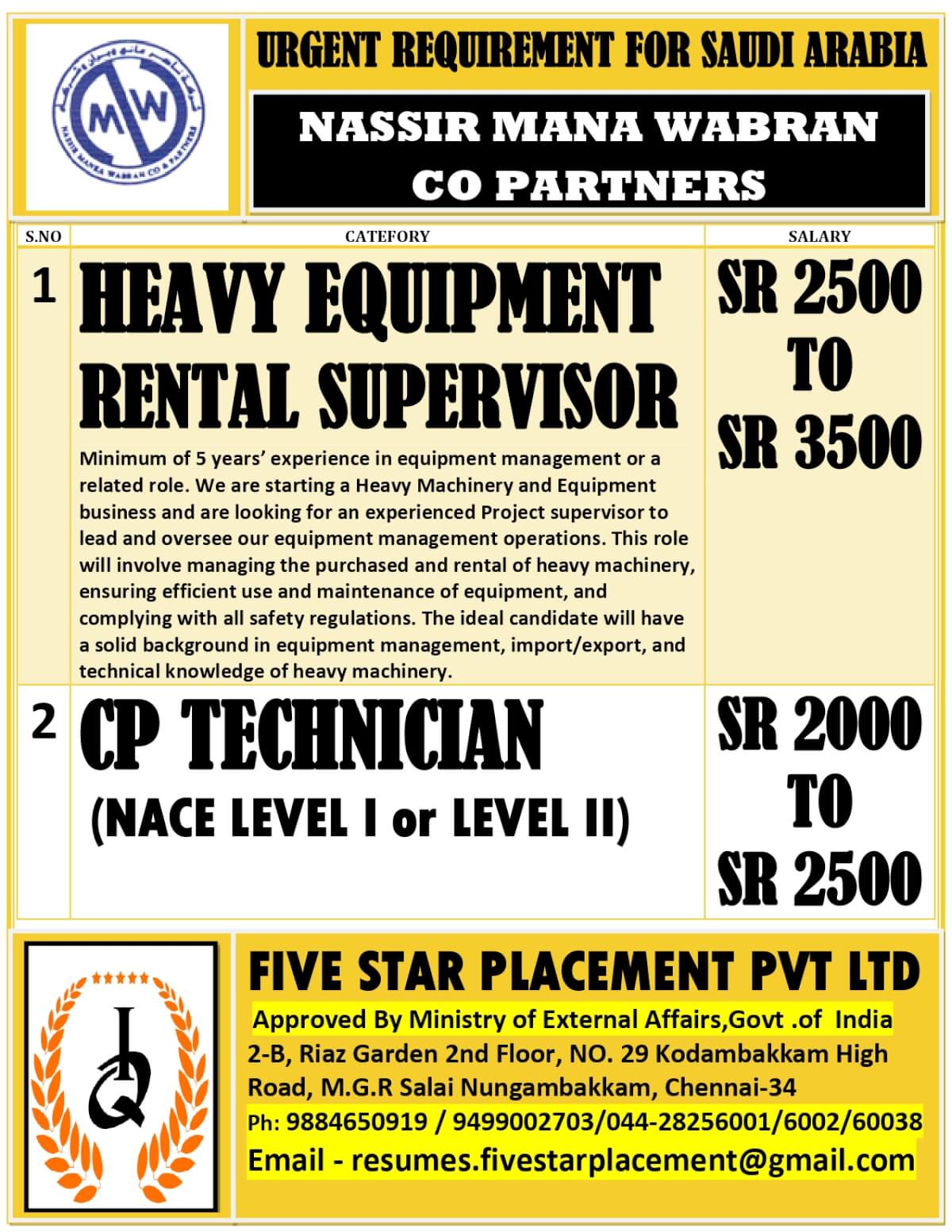 URGENT REQUIREMENT FOR SAUDI ARABIA