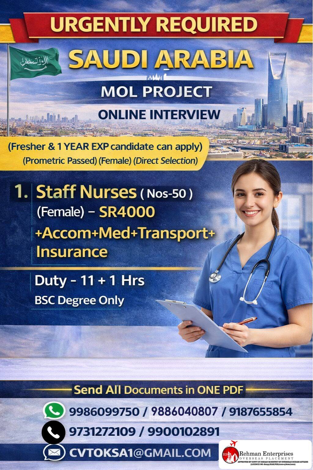 URGENTLY REQUIRED FOR SAUDI ARABIA