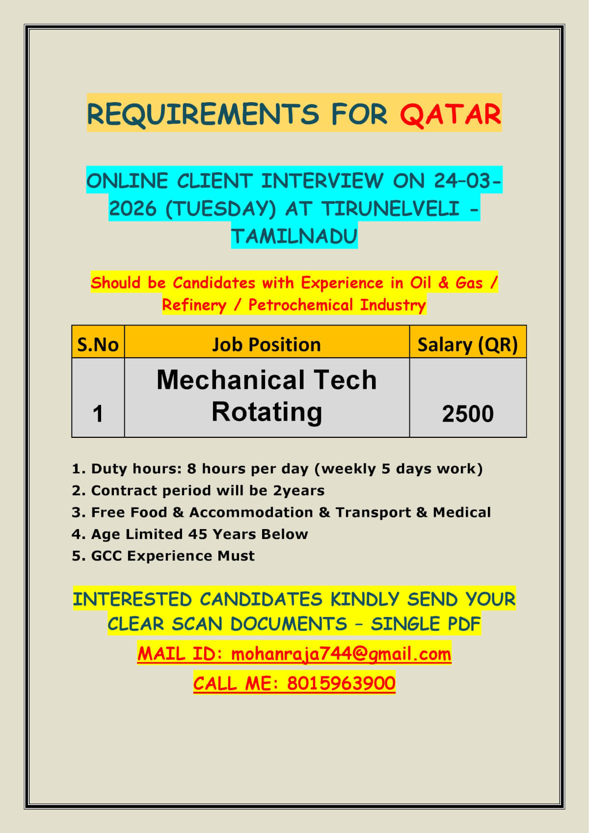 REQUIREMENTS FOR QATAR - ONLINE CLIENT INTERVIEW ON 24–03-2026 (TUESDAY) AT TIRUNELVELI - TAMILNADU