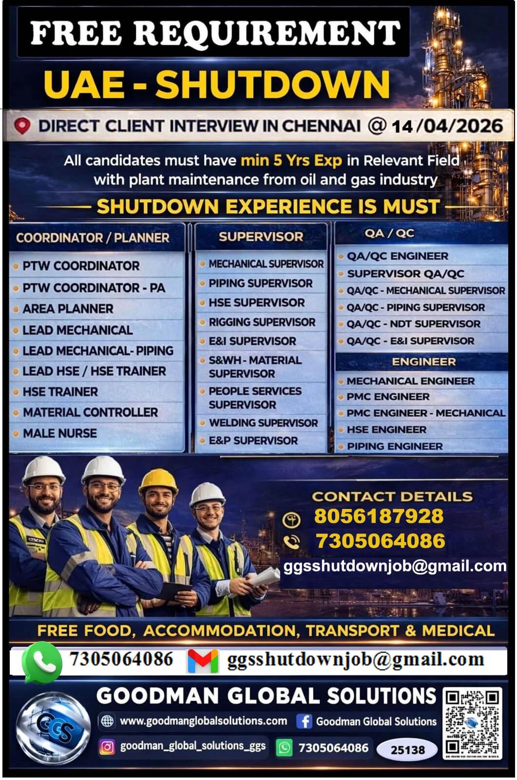 FREE REQUIREMENT - UAE - OIL & GAS  (SHUTDOWN PROJECT) DIRECT CLIENT INTERVIEW  IN CHENNAI @14/04/2026