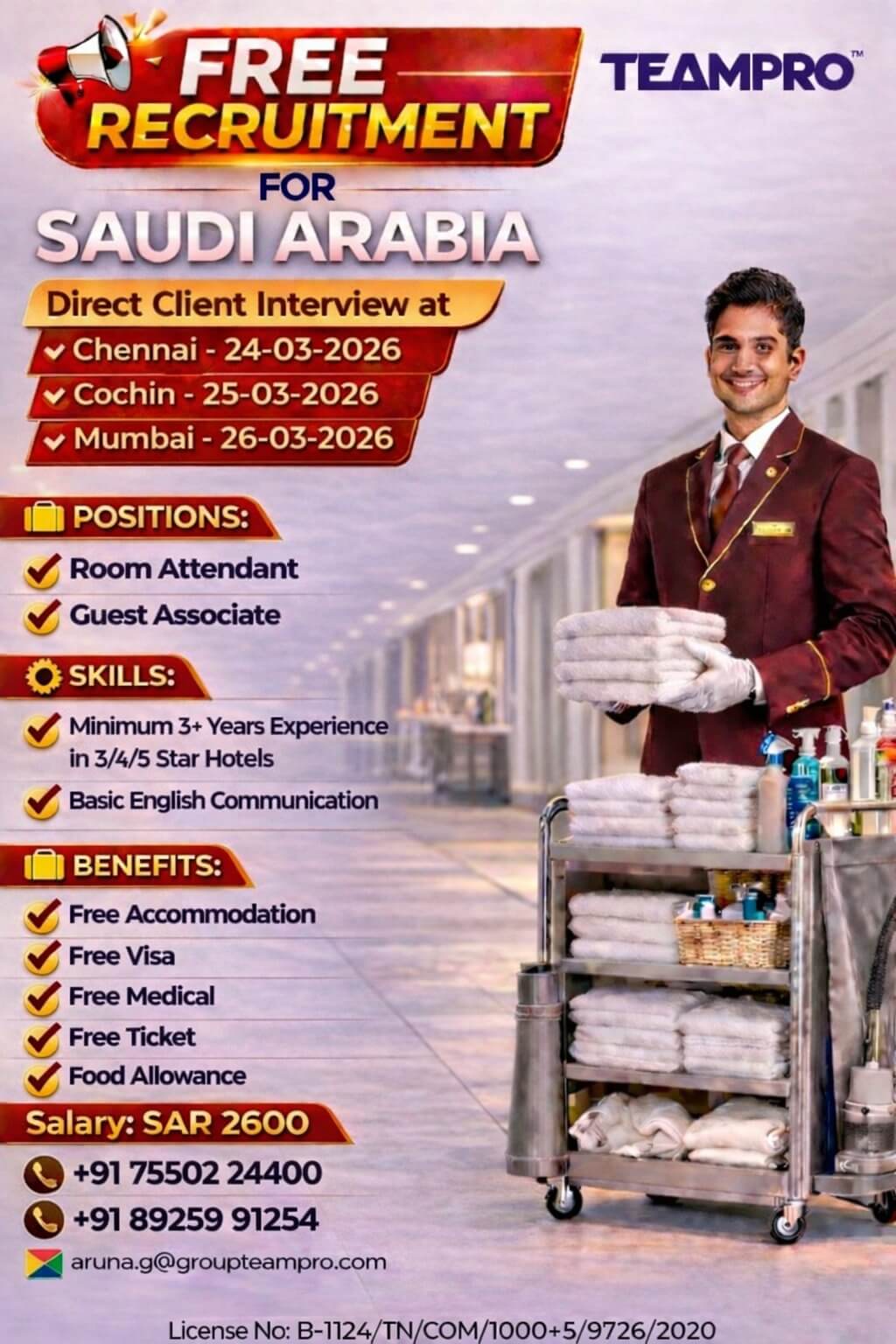 ? Hiring for Saudi Arabia | Free Recruitment | Hotel Industry