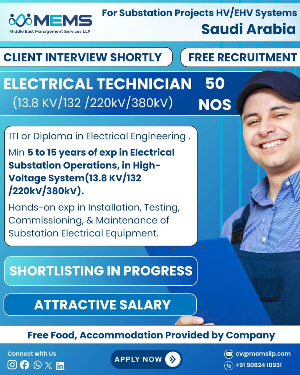 We are hiring for Substation Project HV/EHV System in Saudi Arabia