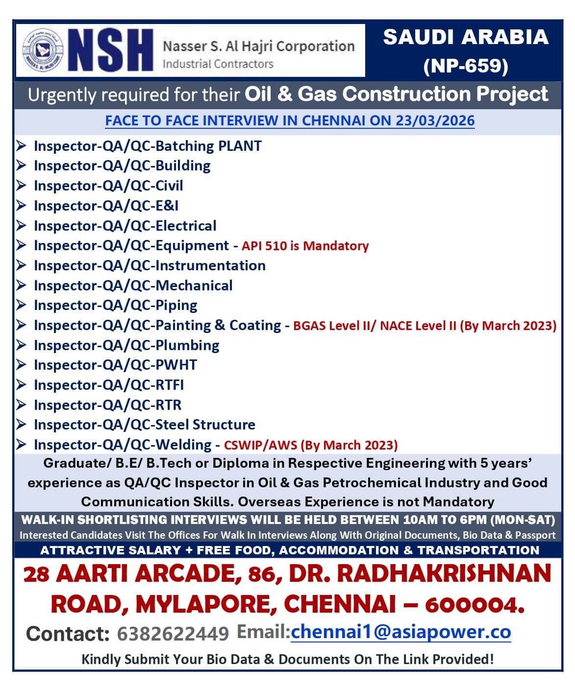 DIRECT INTERVIEW IN CHENNAI - 23.03.2026